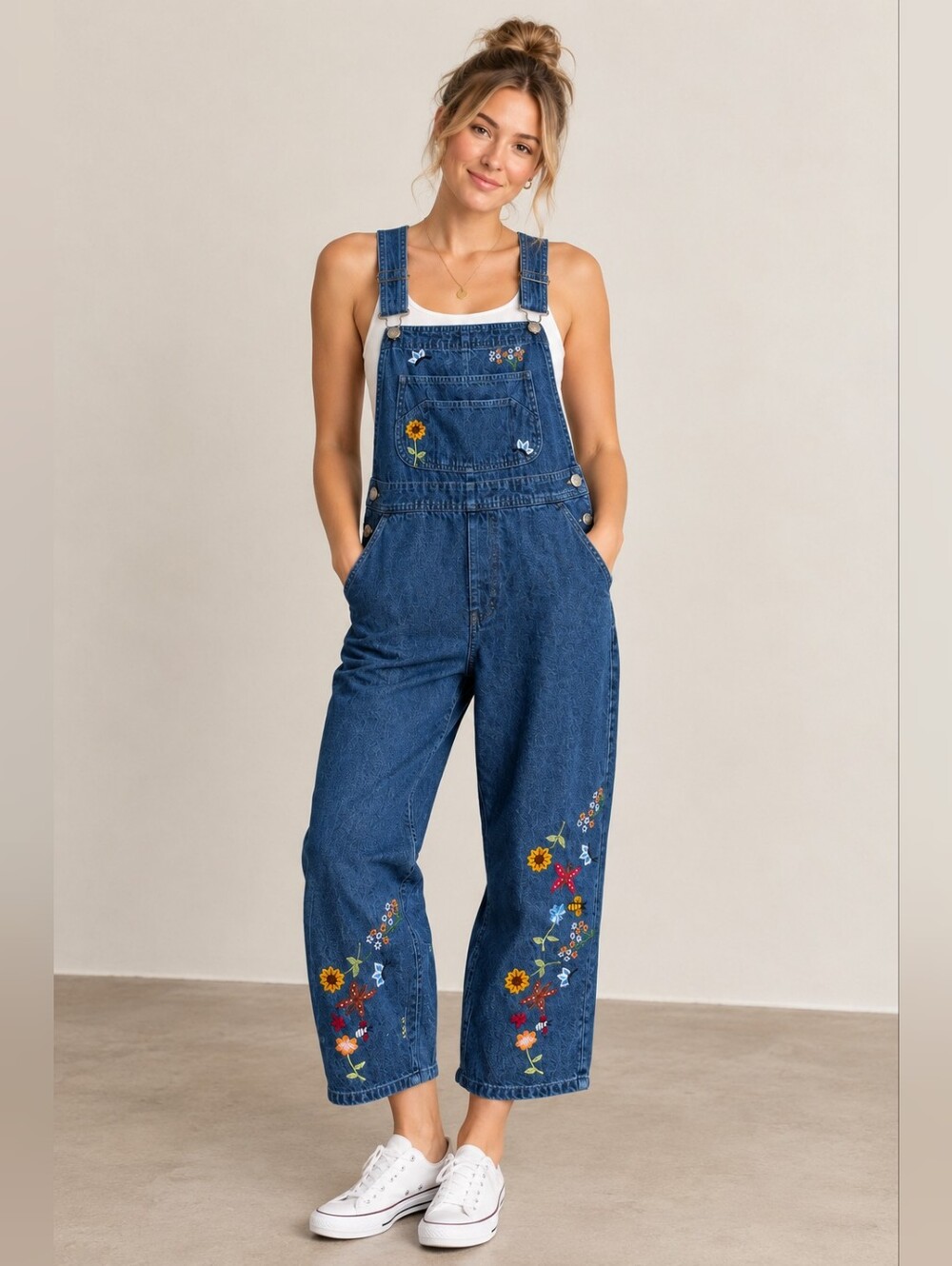 VTG Agapo Embroidered Floral Butterfly Dark Wash 100% Denim Overalls Size Large